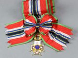 a red, white, and blue ribbon with a cross on it