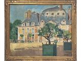 une image représentant un tableau d'un bâtiment avec un arbre devant