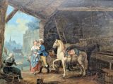 a painting of a man and a woman with a horse in a barn