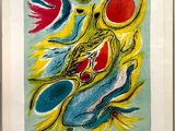 une image représentant un tableau sur lequel figurent un oiseau et un poisson sur fond bleu