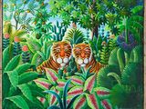 a painting of two tigers in the jungle surrounded by plants