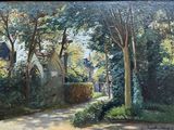 an oil painting of a house in a wooded area with trees and bushes