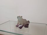 une table en verre sur laquelle se trouve une figurine de grenouille
