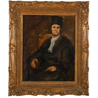 une peinture à l'huile représentant un homme vêtu d'un manteau noir et d'un chapeau