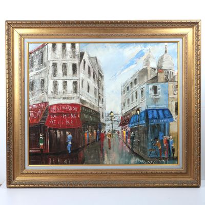 painting of a city street scene with people walking down the street