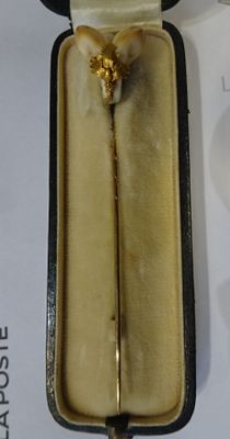 une fleur dorée dans un écrin noir posé sur une table blanche