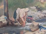a painting of a woman washing clothes in a stream