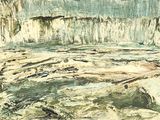 a painting of a man standing on a rock by the water
