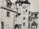 drawing of a castle with a clock tower on the top of it