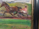 a painting of a horse and buggy racing on a track