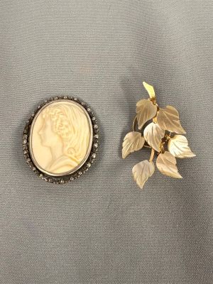 un gros plan sur deux broches ornées de feuilles