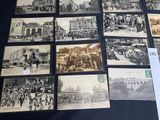 several old black and white photographs of people and horses on a table