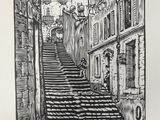 a black and white drawing of stairs leading up to a building