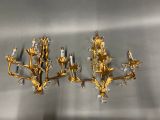 pair of antique brass and crystal sconces with flowers and leaves