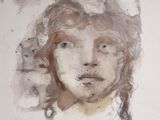 painting of a woman ' s face with long hair and a white background