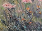 an oil painting of a field of pink flowers on a gray background