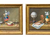 une paire de tableaux représentant une nature morte avec un oiseau, un vase, un livre et un verre à vin posés sur une table