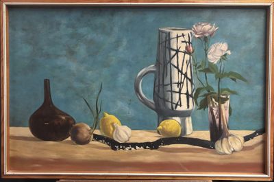 a painting of a vase, lemons, and garlic on a table