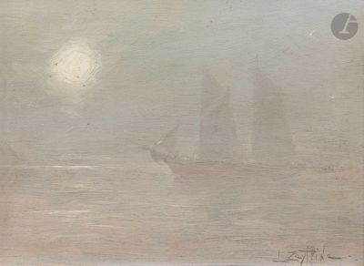 a painting of a boat in a body of water with a city in the background