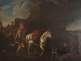 painting of a man on a horse with a cart of animals in front of him