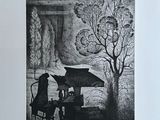 a black and white drawing of a man sitting at a table