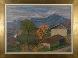 an image of a painting of a house on a hill with mountains in the background