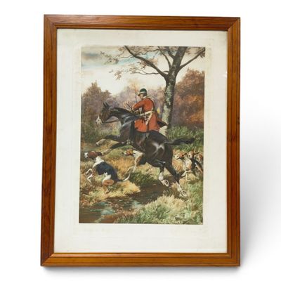 an image of a painting of a man on a horse with hounds