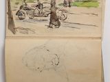 an old drawing of a car parked on the side of a road