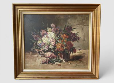 une peinture à l'huile représentant des fleurs dans un vase sur une table