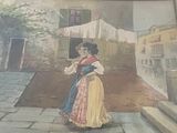 a picture of a painting of a woman walking down the street