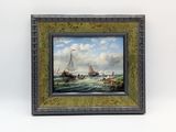 une peinture à l'huile représentant un bateau en pleine mer, arborant un drapeau rouge