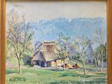 an image of a painting of a thatched house in a field