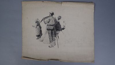 un vieux dessin représentant un homme tenant un chien et un chat
