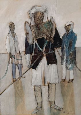 un tableau représentant un homme tenant une raquette de tennis
