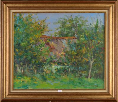 une peinture représentant une peinture d'une maison dans les bois