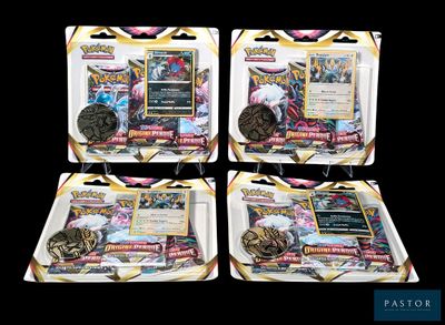three boxes of pokemon trading cards on display on a black background