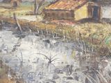 a painting of a house by the water with ducks in the water