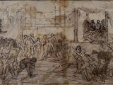 drawing of a group of people standing in a room with a man on a horse