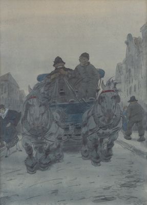 un tableau représentant une calèche tirée par des chevaux dans une rue de la ville