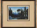 an oil painting of a mountain scene with trees and a river