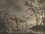 a painting of a river scene with people on it