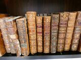 plusieurs vieux livres sont alignés sur une étagère dans une bibliothèque