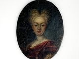 painting of a woman in a red dress in a black oval frame