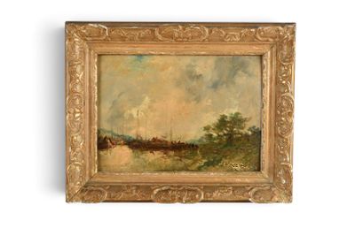 une peinture à l'huile représentant un paysage fluvial avec un bateau au loin