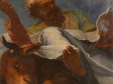une image représentant un tableau où l'on voit un homme allongé sur un lit à côté d'un ours