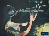 a painting of a woman playing a flute in the dark