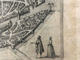 an old map of a city with a man and a woman standing in front of it