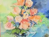 a painting of flowers in a vase on a table