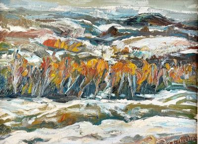 une peinture à l'huile représentant un paysage enneigé avec une montagne en arrière-plan