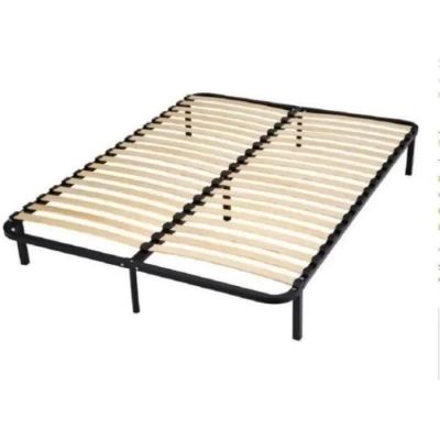 a metal bed frame with wooden slats on it
